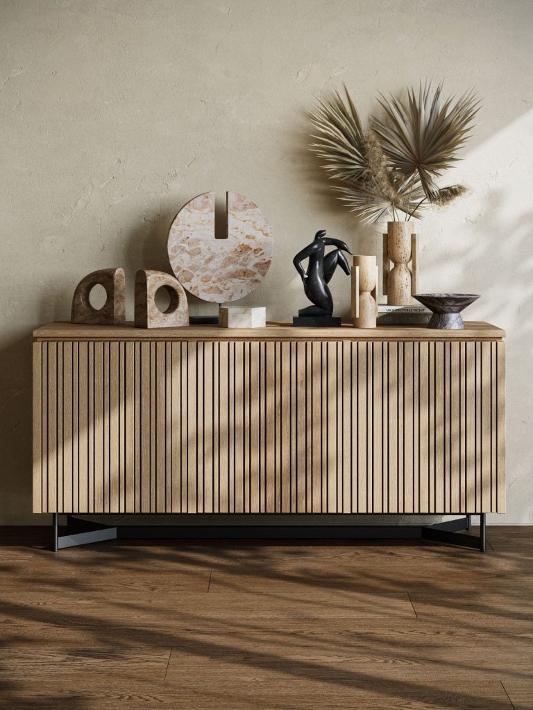 3D Rendering of a Fluted Sideboard and Stone Decor