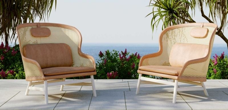 Two Rattan Chairs in a Garden for a Furniture Catalog