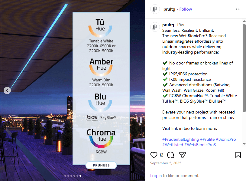 Product rendering shown on a website page featuring outdoor architectural lighting with multiple color modes