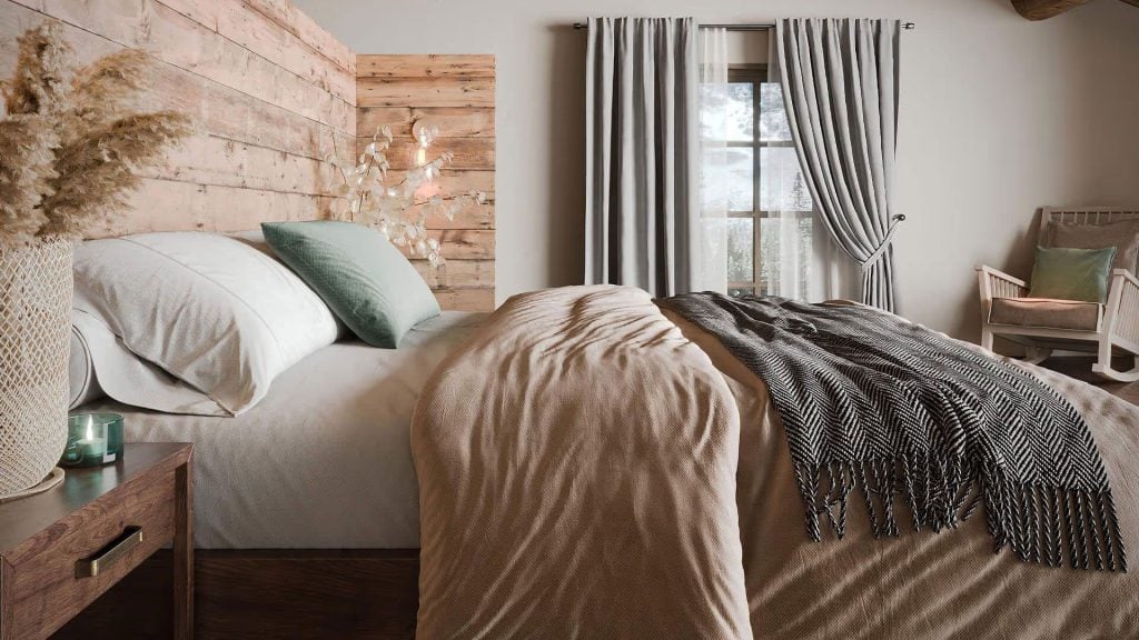 3D visualization of a bedroom with wood headboard, neutral bedding, and hardware details on the nightstand drawer