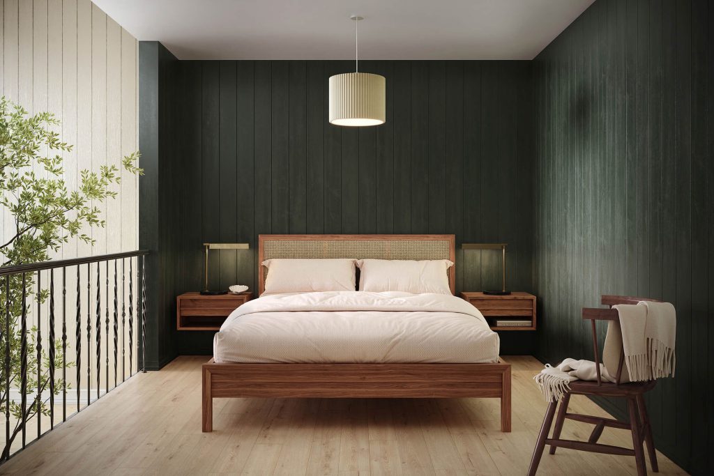 3D Interior Visualization of trendy Bedroom with Wooden fittings