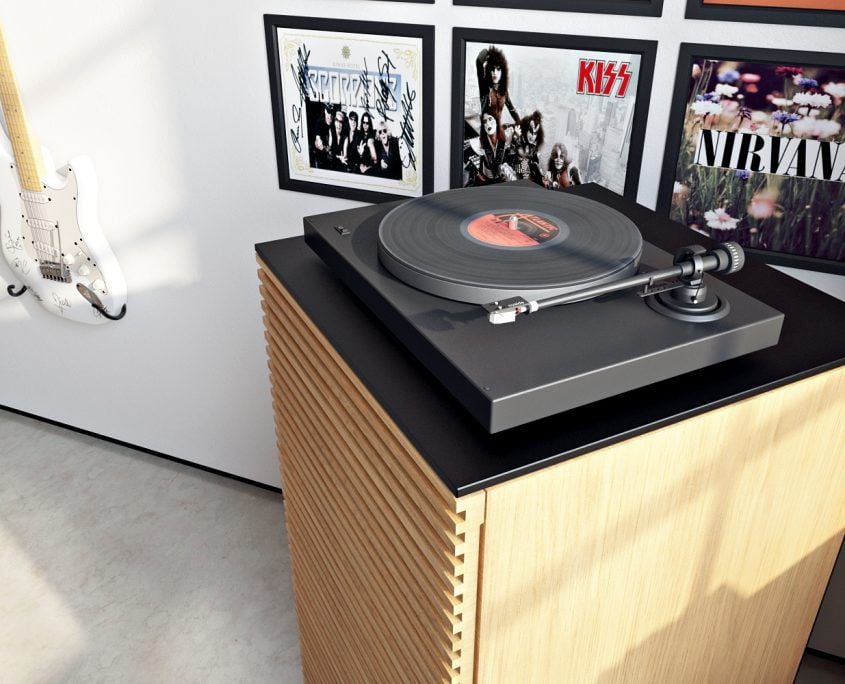 3D-rendered product image of a wooden sideboard with a vinyl record player on top.