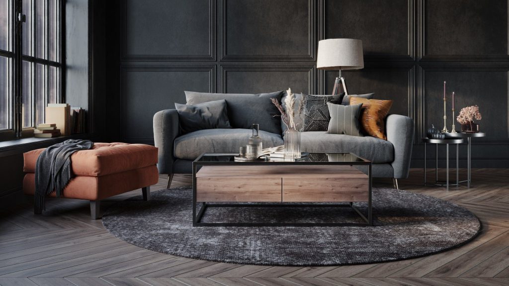 3D Interior Visualization of trendy Living Room with fittings Rendering