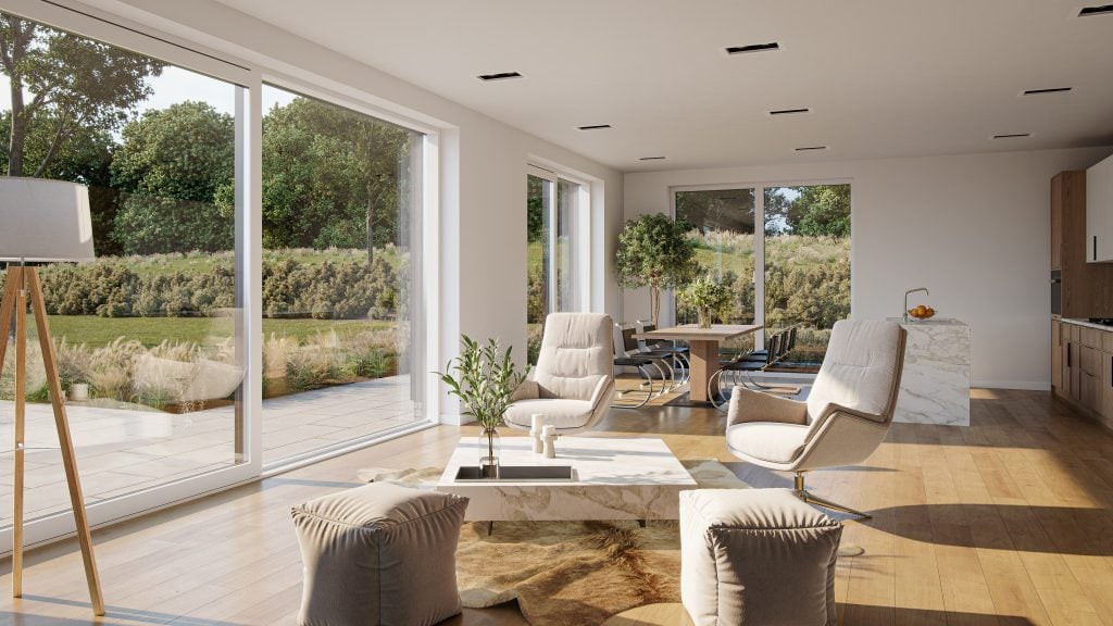 3D Rendering of Interior Windows and Doors in a Lifestyle Scene