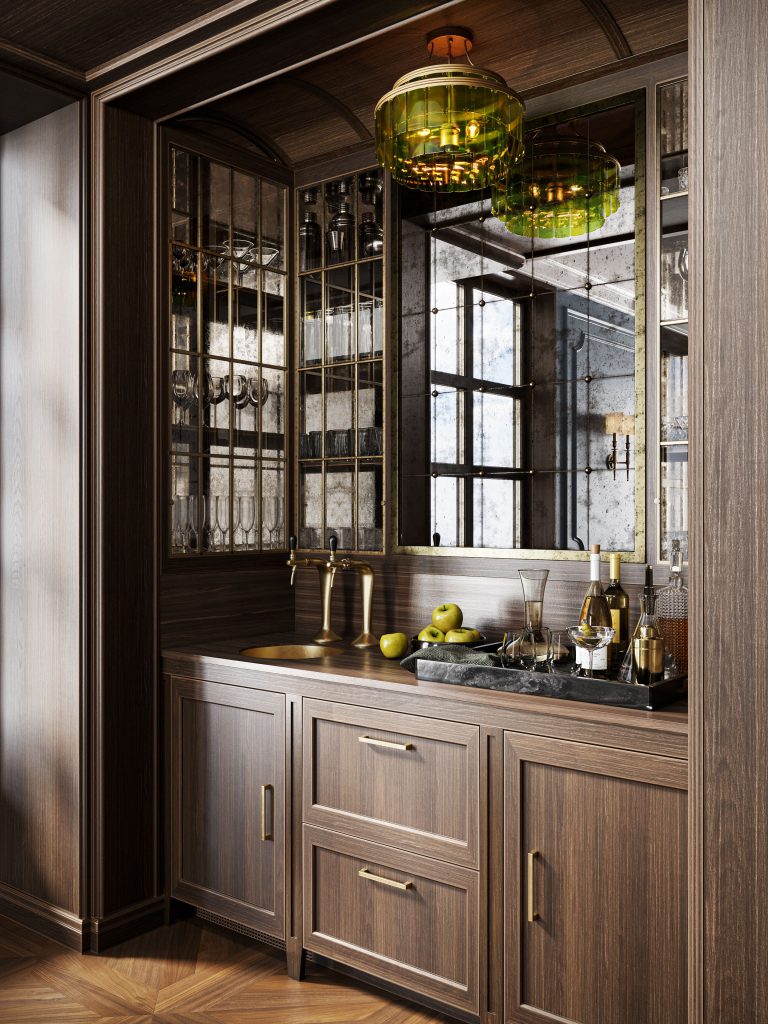 3D Rendering of a Glass Pendant Light in a Butler’s Pantry