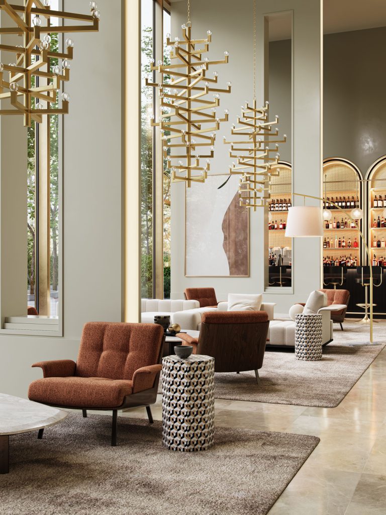 3D Rendering of a Gold Chandelier in a Hotel Lobby