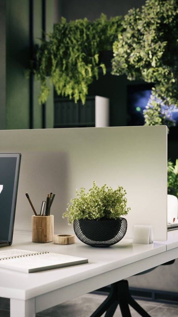 3D Interior Visualization of Modern Workspace with Greenery