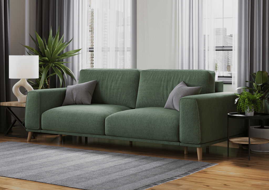 3D Interior Visualization of Modern Green Sofa – Photorealistic Furniture Rendering