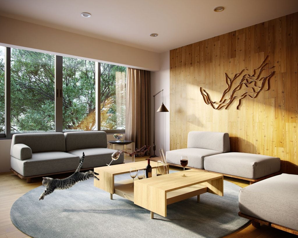 3D Interior Visualization of trendy Living Room with Realistic fittings Rendering