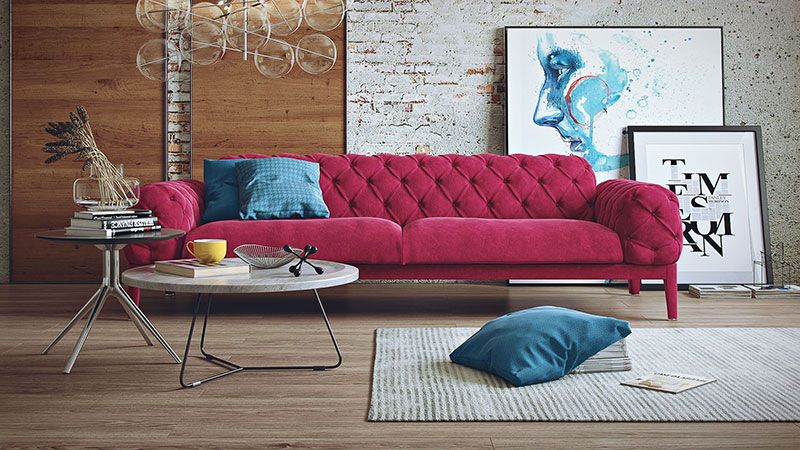 A Promo Shot of a Pink Velour Sofa