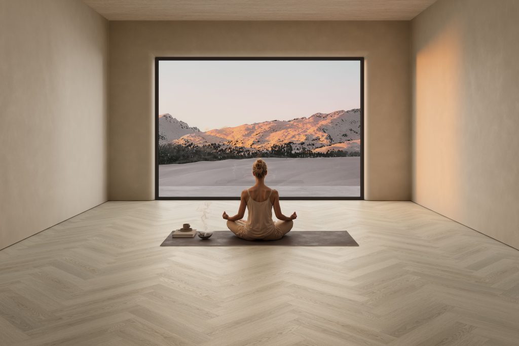 CGI of Herringbone Flooring in a Meditation Room