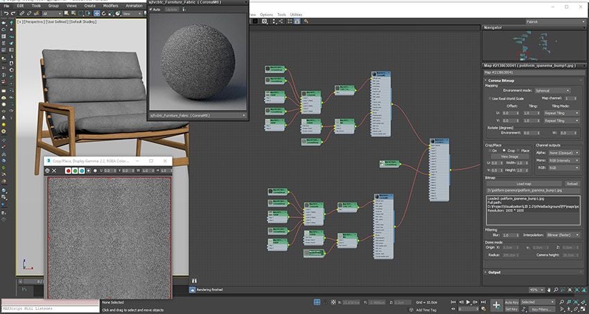 Applying texture maps to a high-poly 3D chair model for photorealistic product rendering