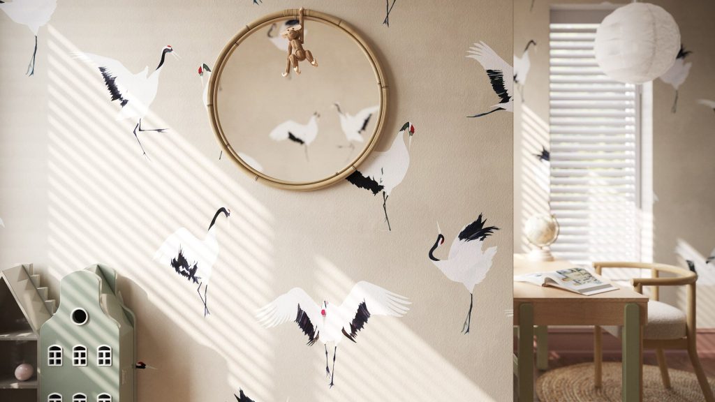 3D Interior Visualization of a Modern Room with Crane Wallpaper