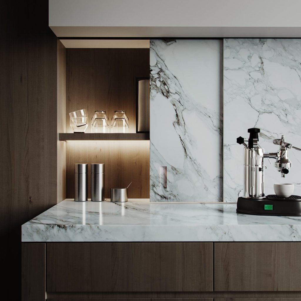 3D Kitchen Interior Rendering with Marble Countertop