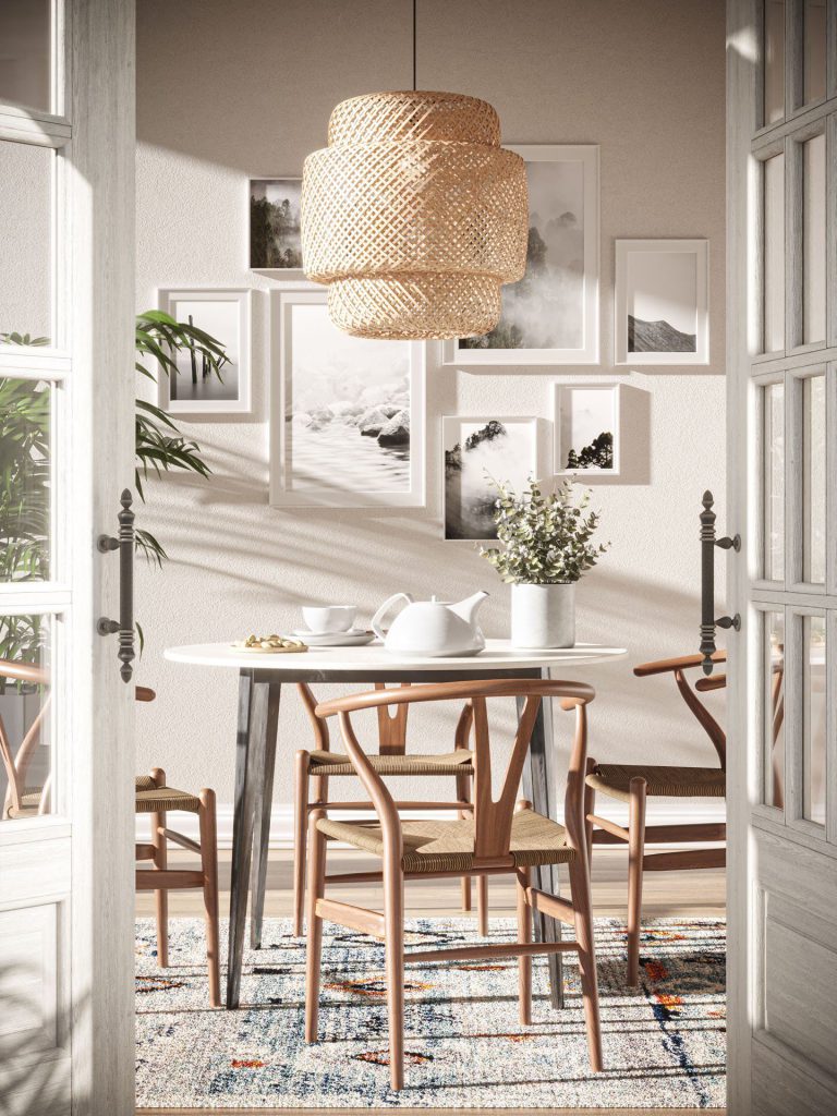 3D Interior Visualization of Dining Room with Realistic Furniture Rendering