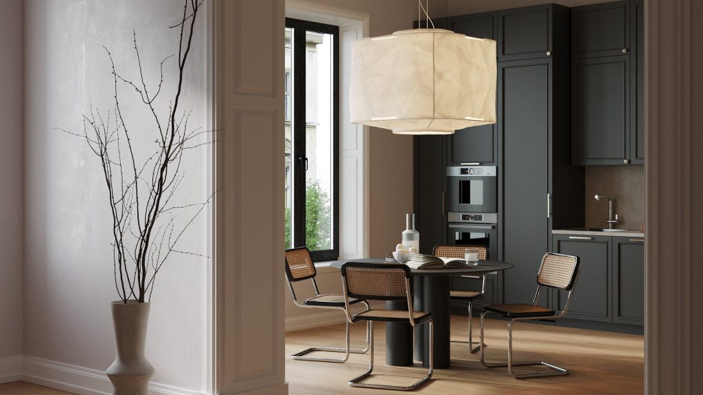 3D Interior Visualization of stylish Kitchen with Furniture Rendering