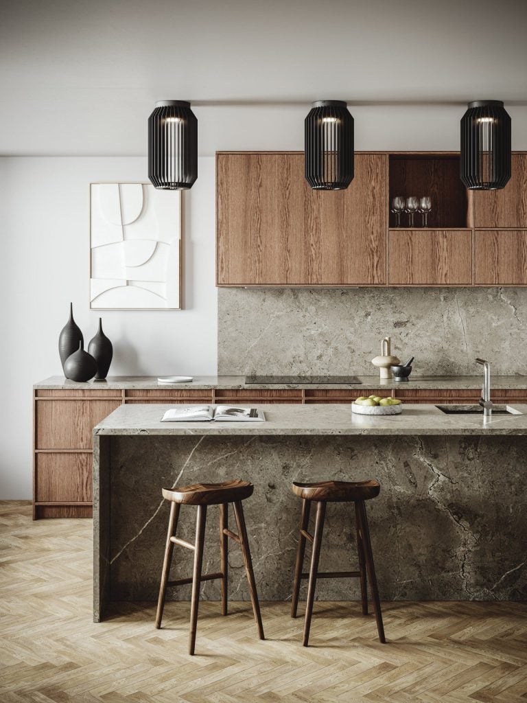 Photorealistic 3D Kitchen Interior Rendering with Custom Furniture