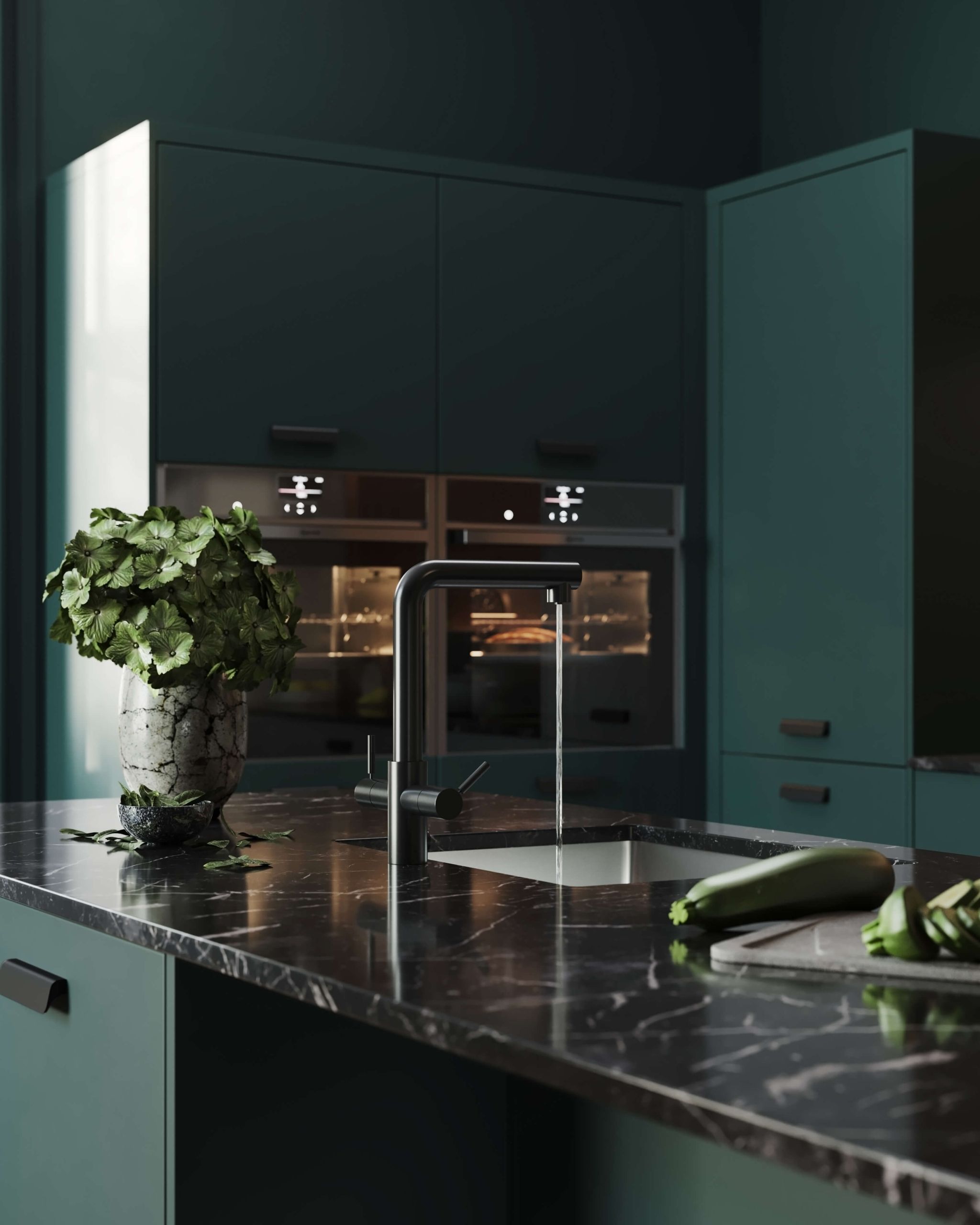 Lifestyle Rendering for Modern Green Kitchen with Marble Island and Running Faucet
