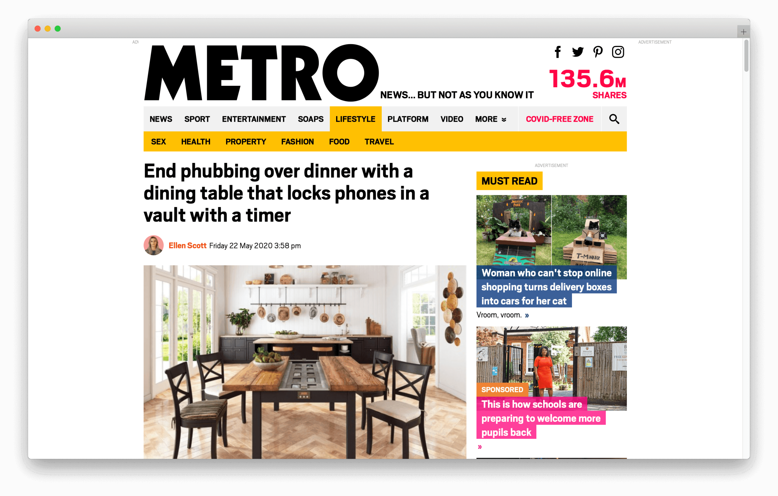 3D furniture modeling and rendering of a dining table with a phone vault, showcasing 3D interior visualization and photorealistic CGI.