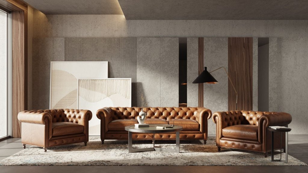 3D Interior Visualization of Leather fittings in trendy Living Room