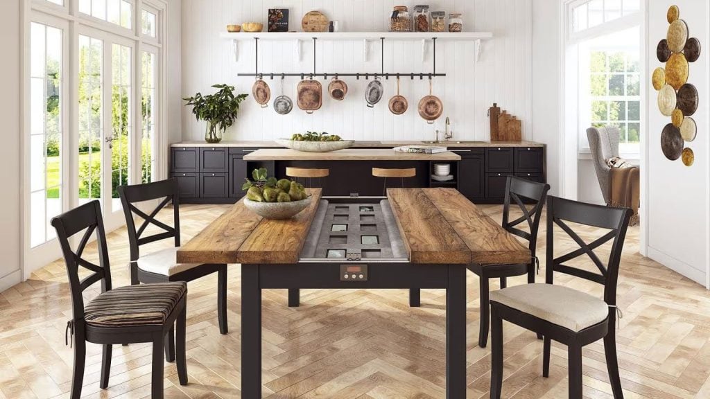 Lifestyle 3D render of a rustic dining room with wooden table, black chairs, and kitchen decor.