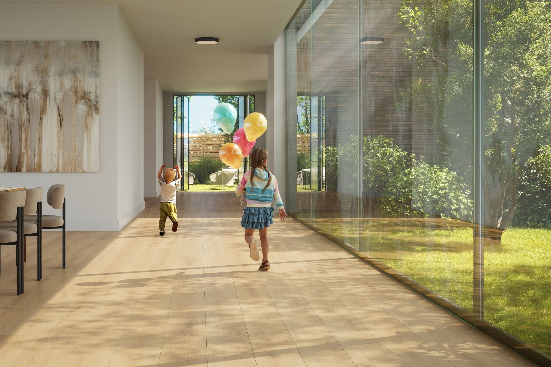 Children with balloons in modern hallway featuring DuChateau Dira plank flooring 3D render