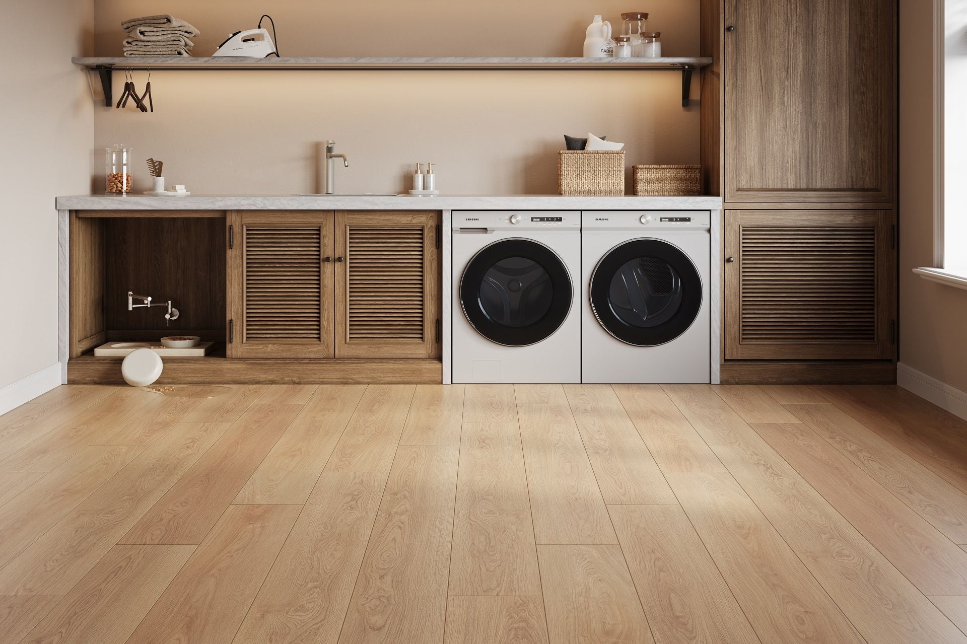 Draft 3D scene for DuChateau Studio Collection Jacq — laundry room environment with plank flooring before lifestyle elements were added