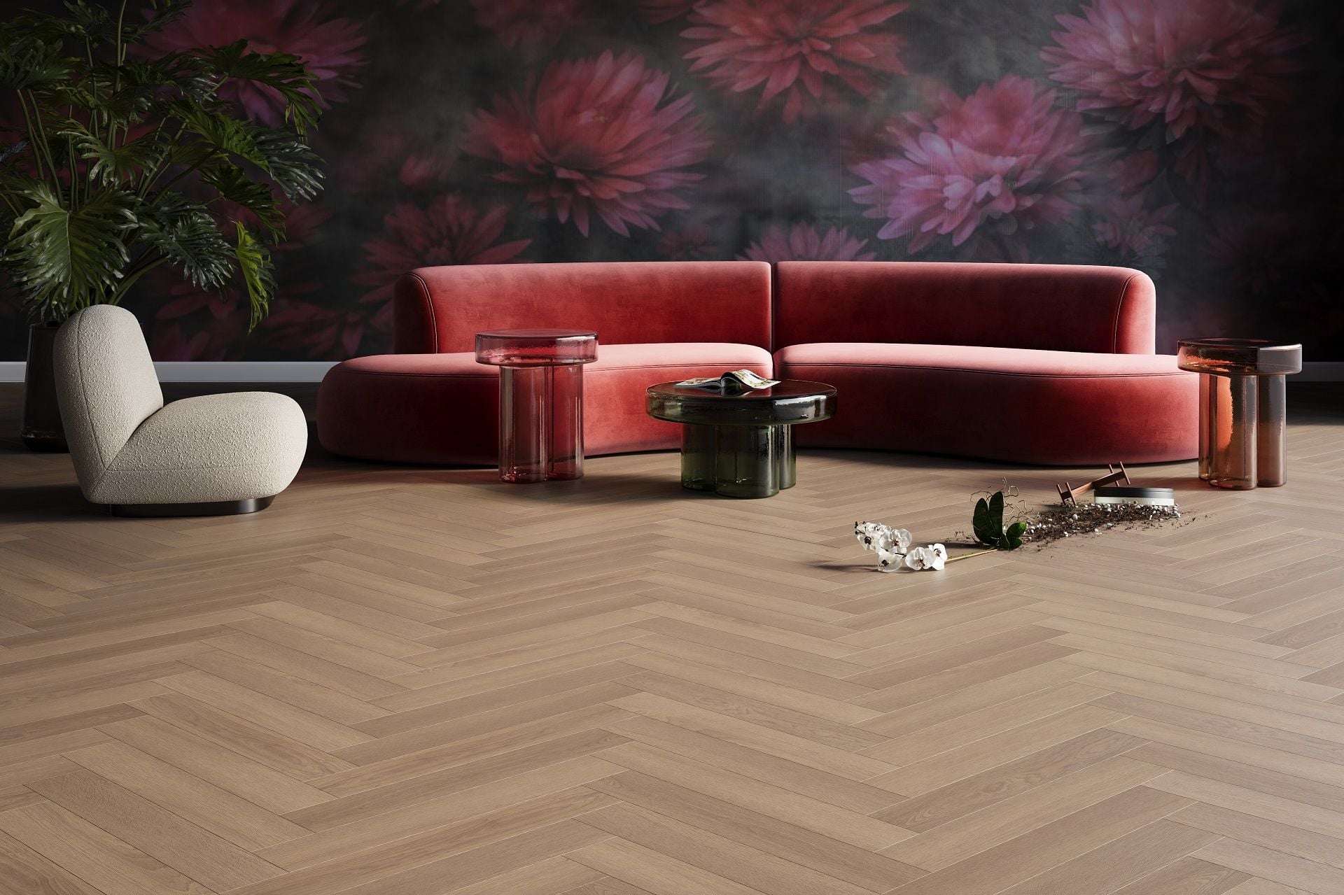 Draft 3D scene for DuChateau Studio Collection Mina — living room with pink velvet sofa and floral wallpaper, herringbone flooring before lifestyle elements were added
