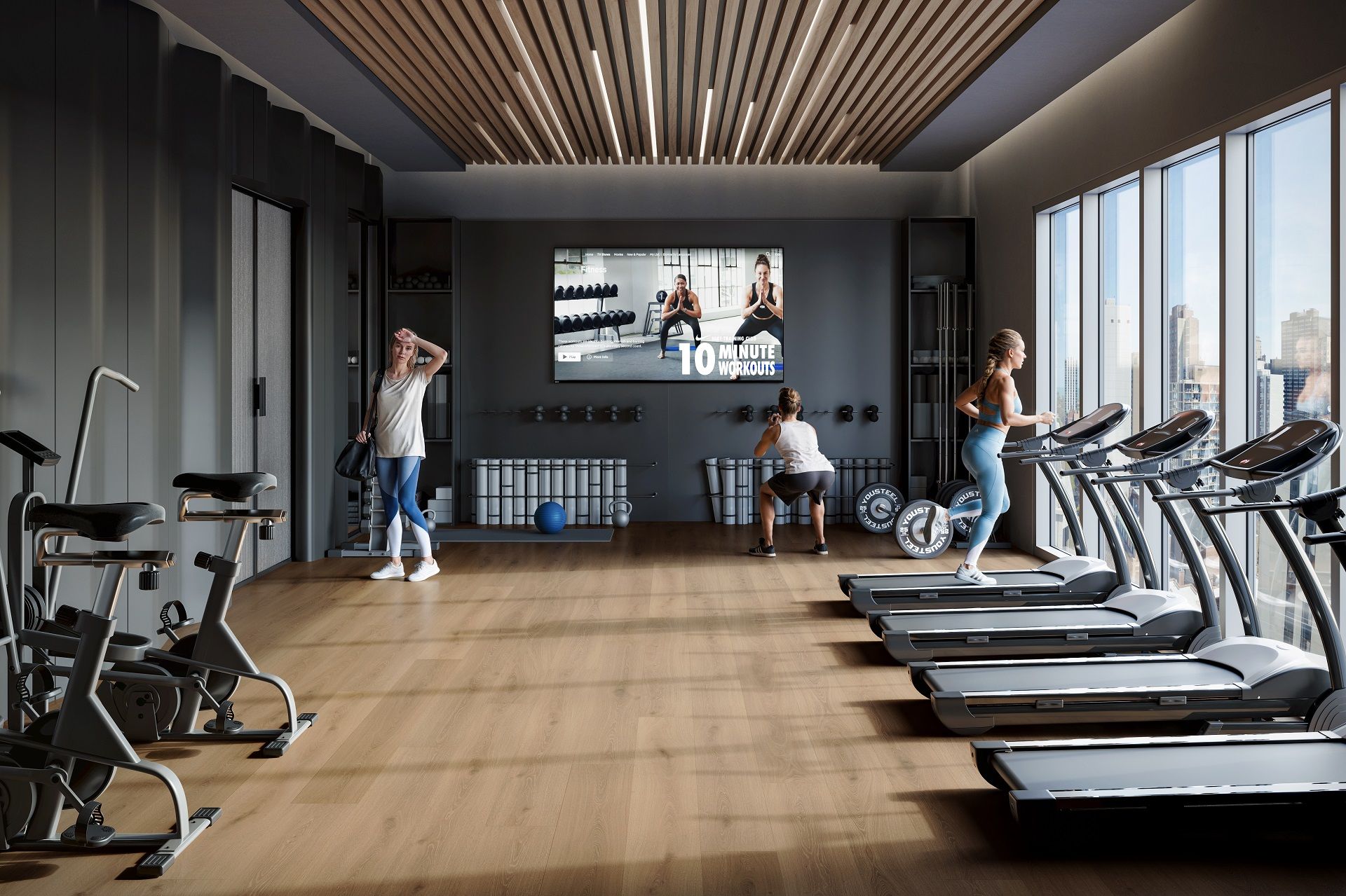 Hotel gym interior with treadmills and DuChateau Yova plank flooring lifestyle CGI