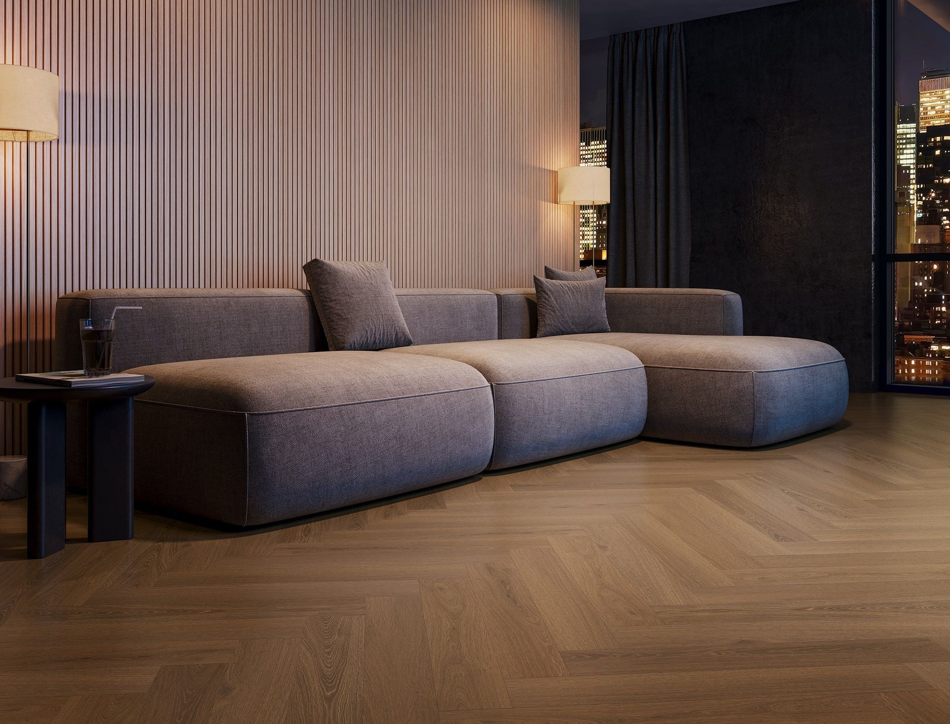 Draft 3D scene for DuChateau Studio Collection Zana — nighttime living room with herringbone flooring and city view before lifestyle elements were added
