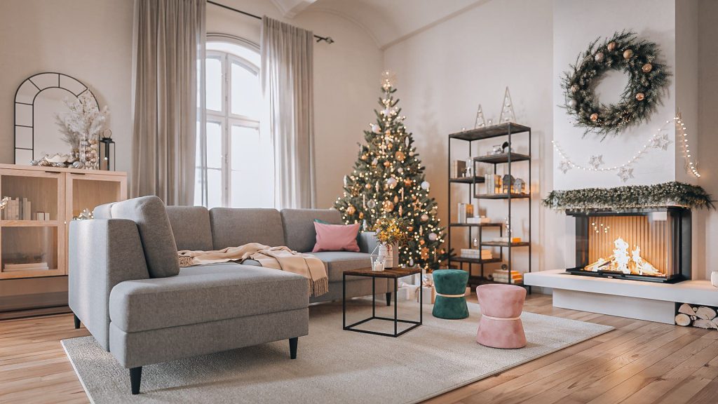 3D Interior Visualization of a Cozy Living Room with Christmas Decor