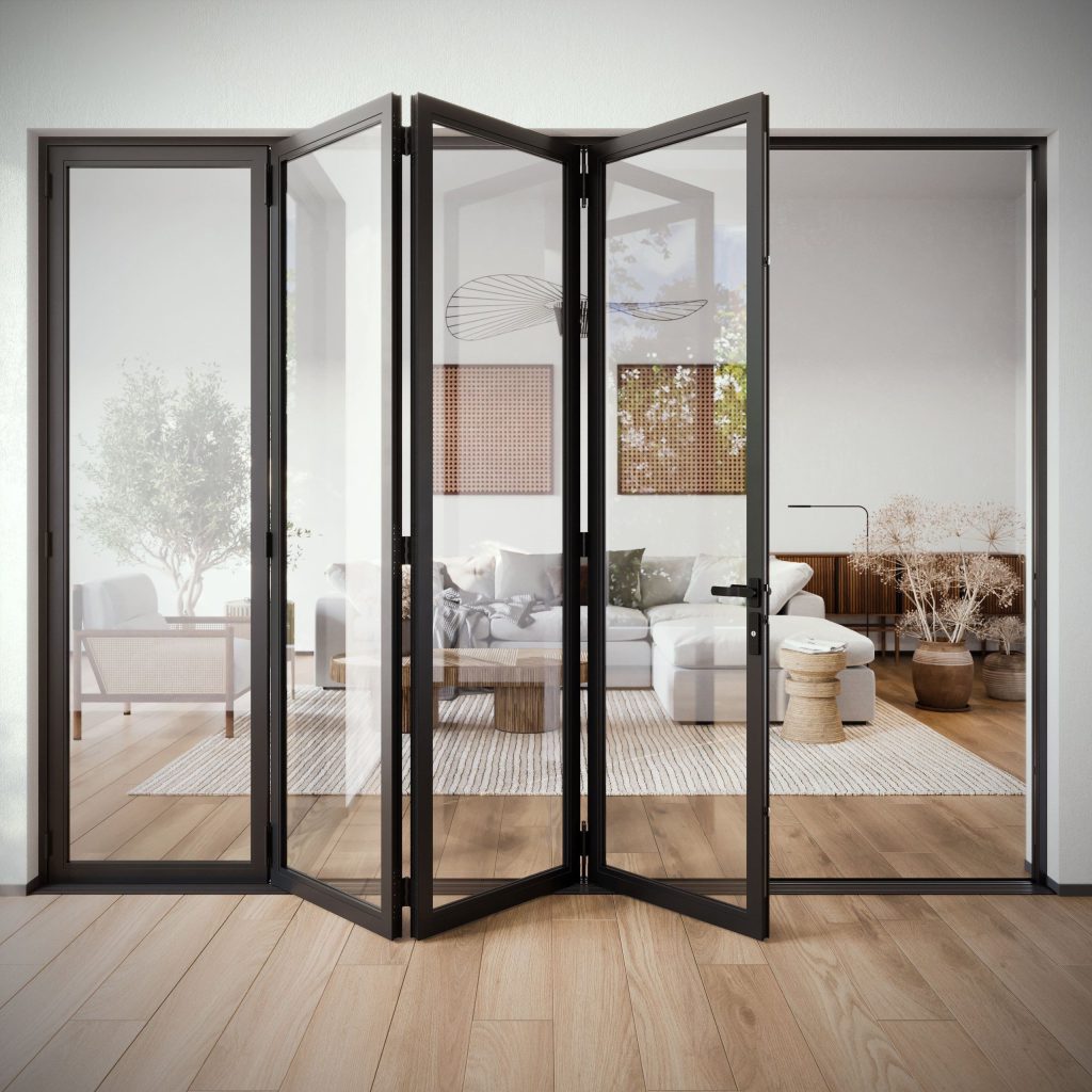 3D Interior Visualization of trendy Living Room with Glass Doors
