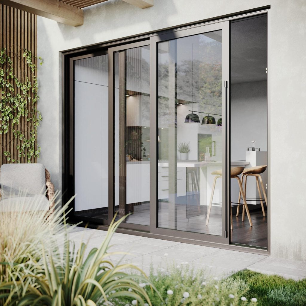 3D Interior Visualization of Modern Kitchen with Sliding Glass Doors