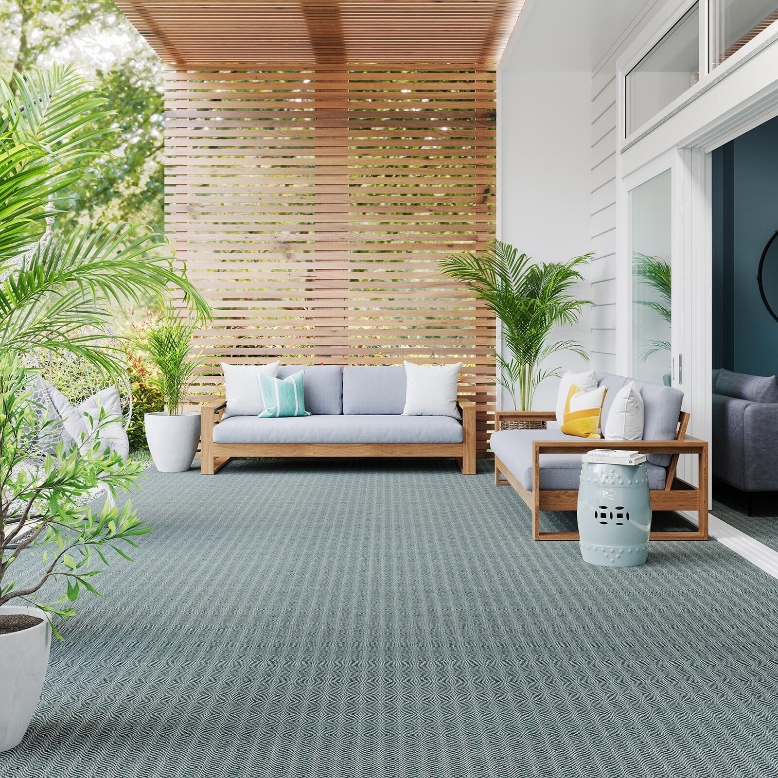 High-quality 3D furniture rendering showcasing a modern patio with realistic furniture and plants, demonstrating 3D modeling and visualization techniques.