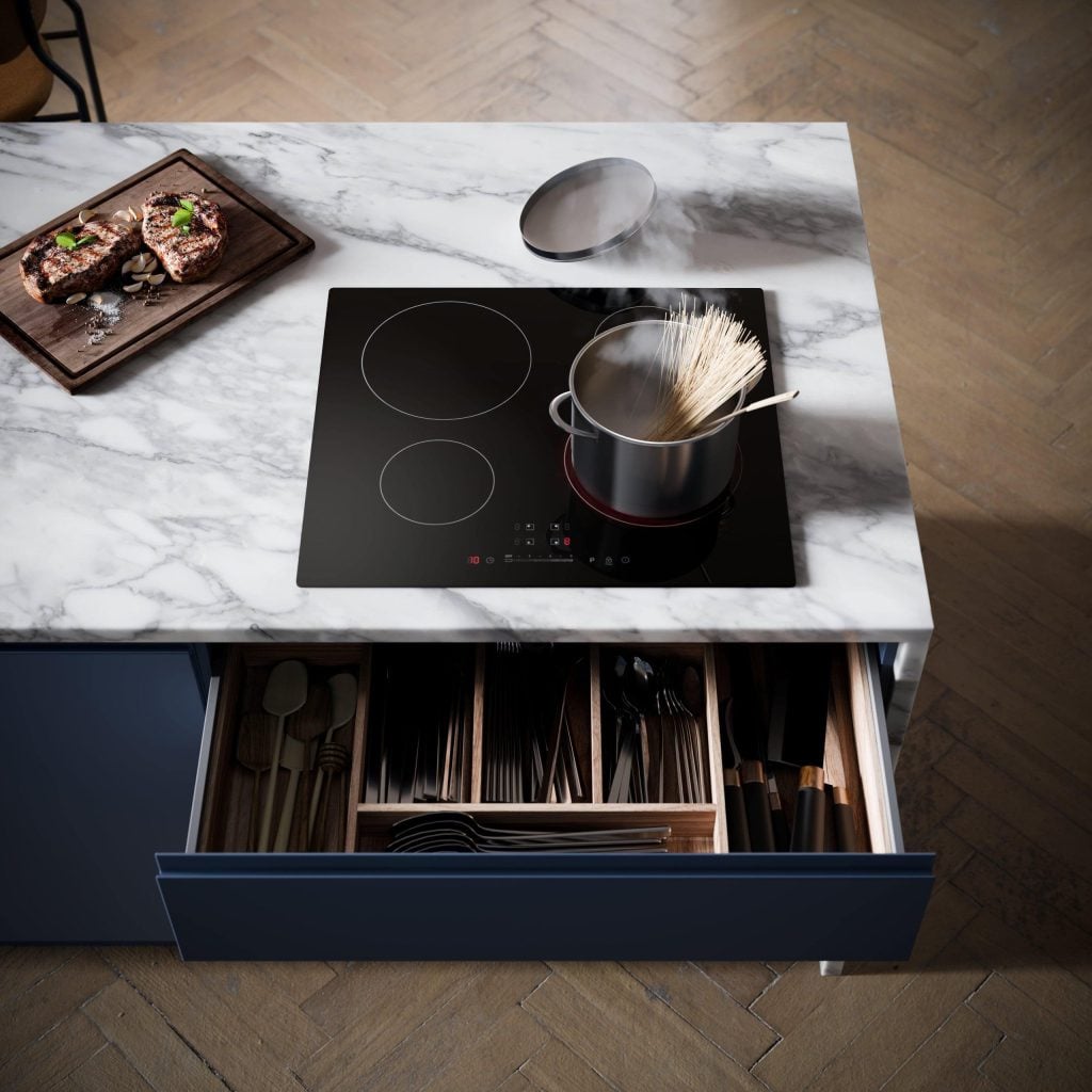 3D Kitchen Interior Rendering with Marble Countertop and Induction Cooktop