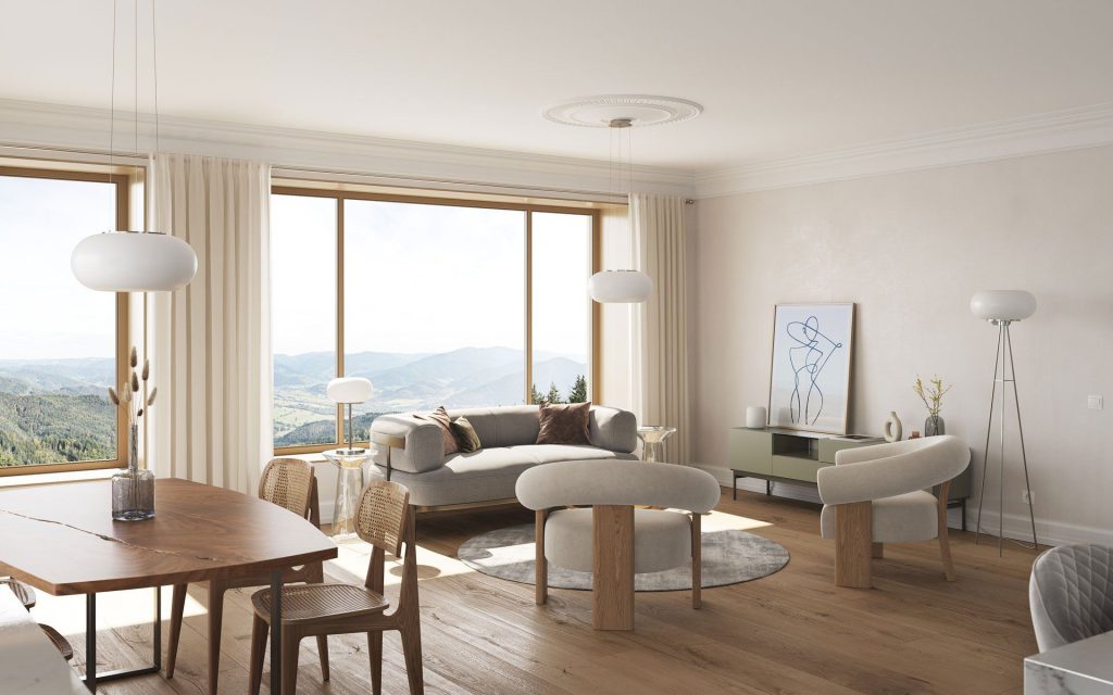 3D Interior Visualization of trendy Living Room with fittings Rendering