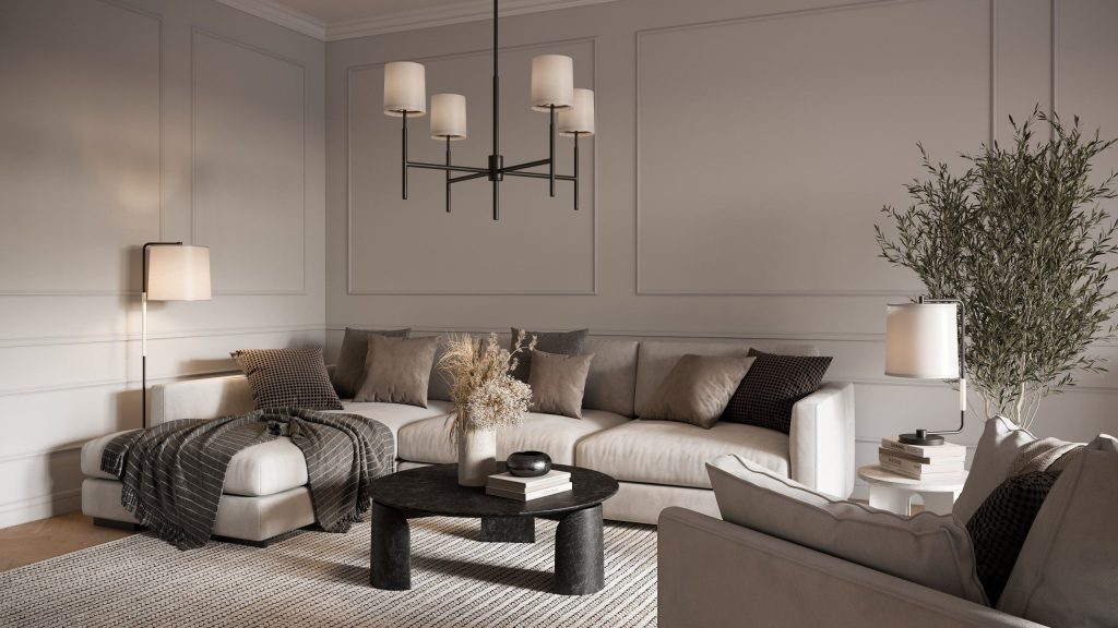 3D Interior Visualization of Modern Living Room with Furniture Rendering