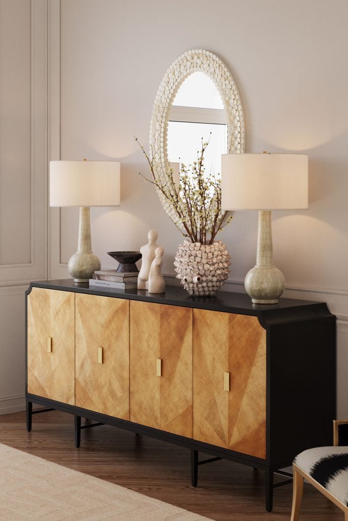 3D Rendering of Lighting, Sideboard, and Mirror in a Living Room