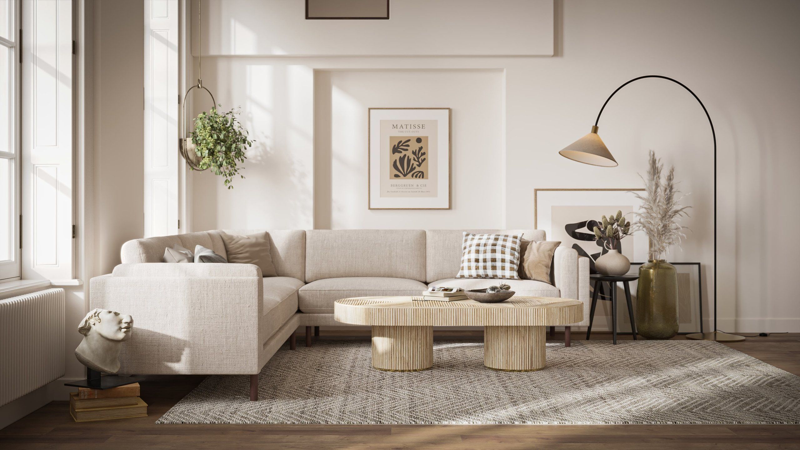 Living room 3D render: contemporary grey sofa with natural lighting and decor