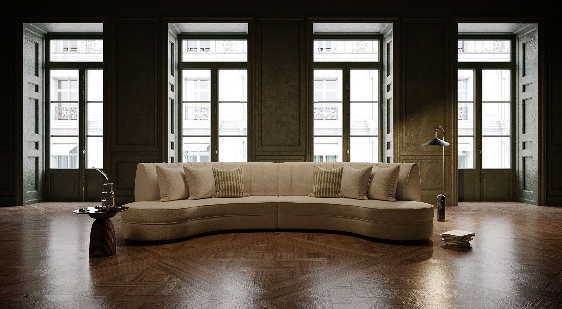 Spacious living room 3D rendering: curved cream sofa with French windows and parquet