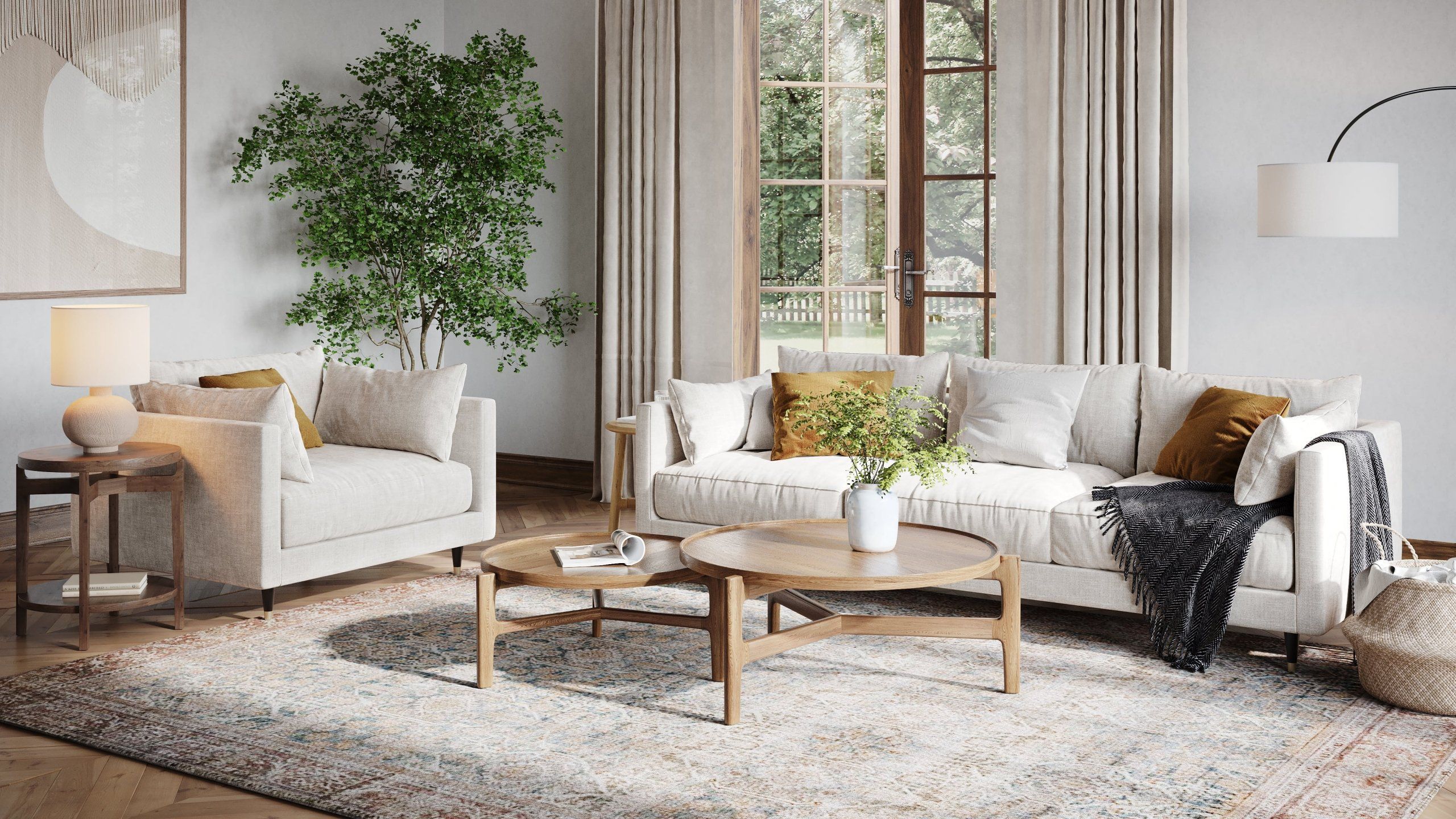 Living room lifestyle render: beige upholstered sofa set in warm contemporary interior