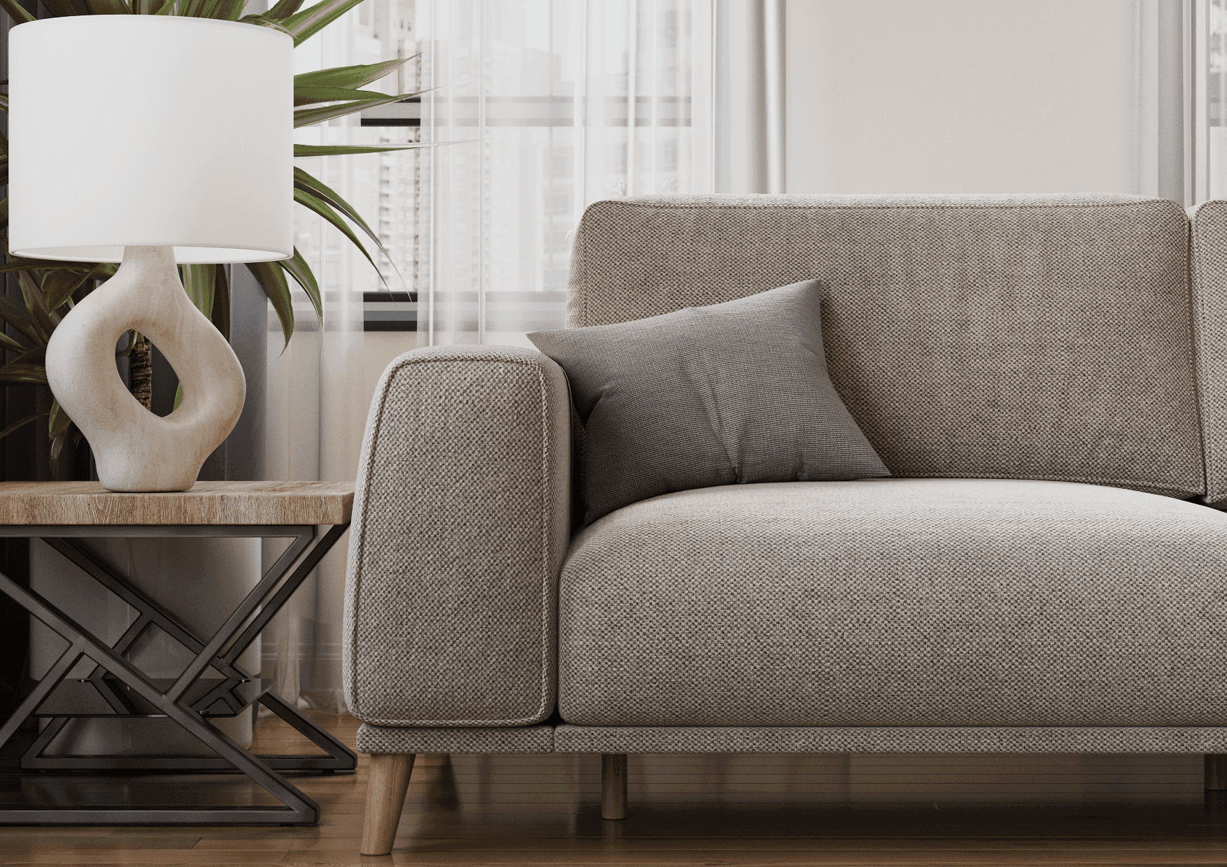 Living room design render: minimalist grey sofa in contemporary interior CGI