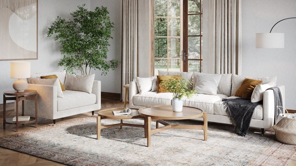 3D Interior Visualization of stylish Living Room with Furniture Rendering