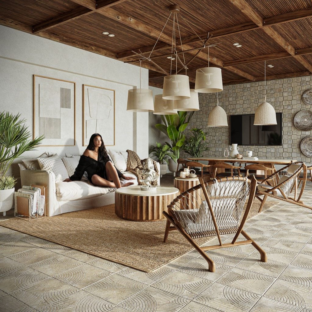 3D Interior Visualization of stylish Living Room with Furniture Rendering