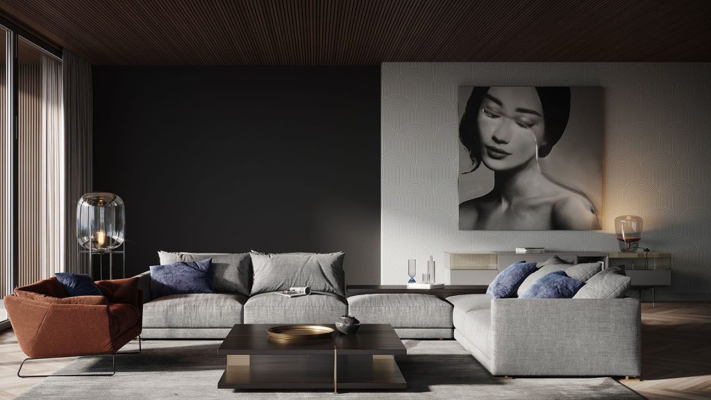3D Interior Visualization of Modern Living Room with Furniture Rendering
