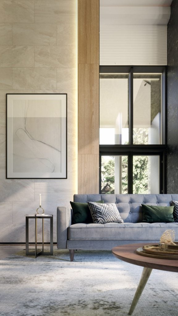 3D Interior Visualization of trendy Living Room with Realistic fittings Rendering