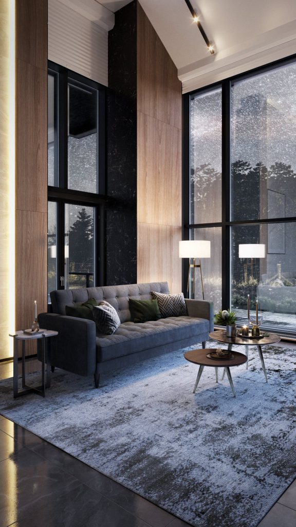 3D Interior Visualization of trendy Living Room with Realistic fittings Rendering