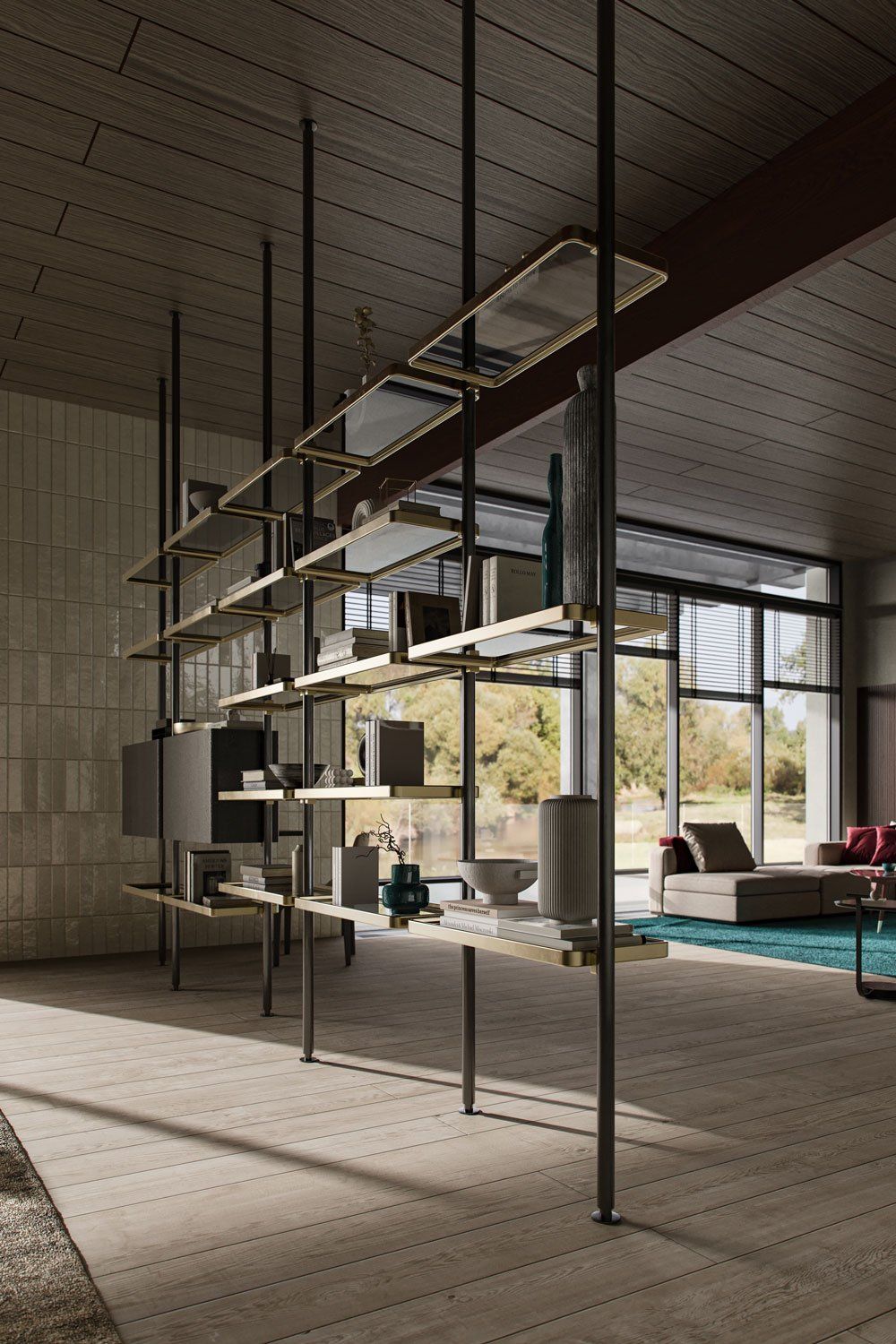 Modern Open Shelving Framing A Lounge Area With Large Windows In A Stylish 3D Rendering