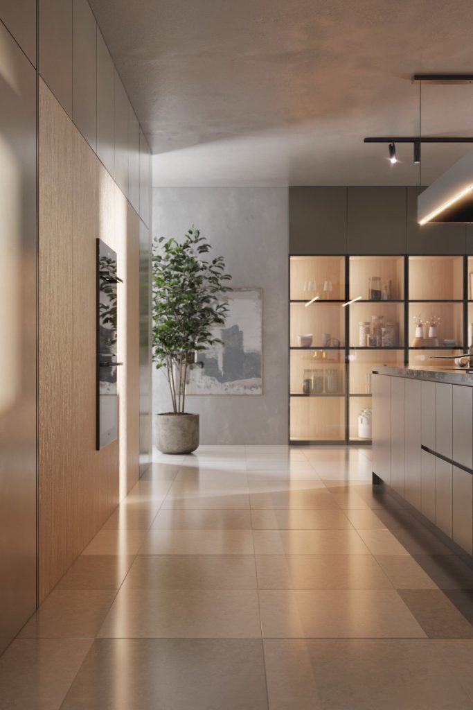 3D Interior Visualization of trendy Kitchen with Realistic fittings Rendering