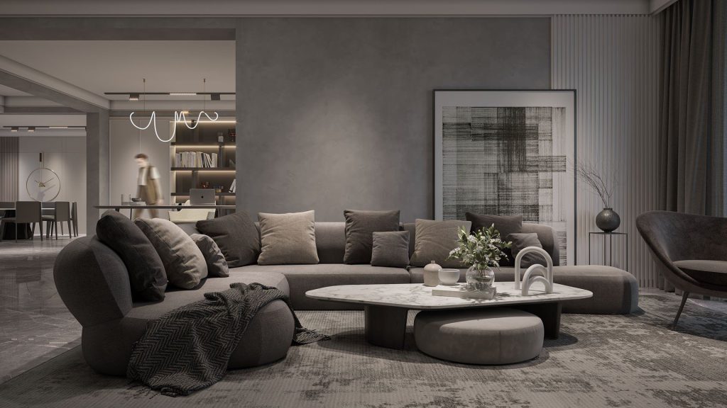 3D Interior Visualization of trendy Living Room with fittings Rendering